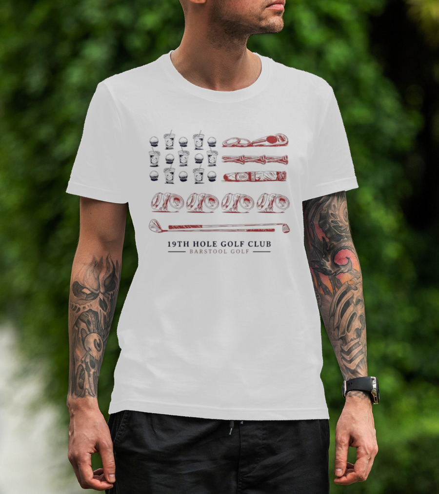 19th Hole Golf Club American Flag Bartool Golf T-Shirt