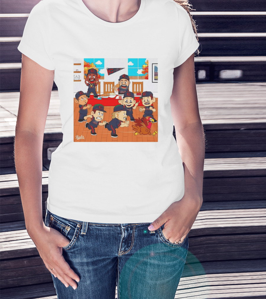 Cincinnati Reds Thanksgiving Chaos Cartoon Scene With Characters And Turkey T-Shirt