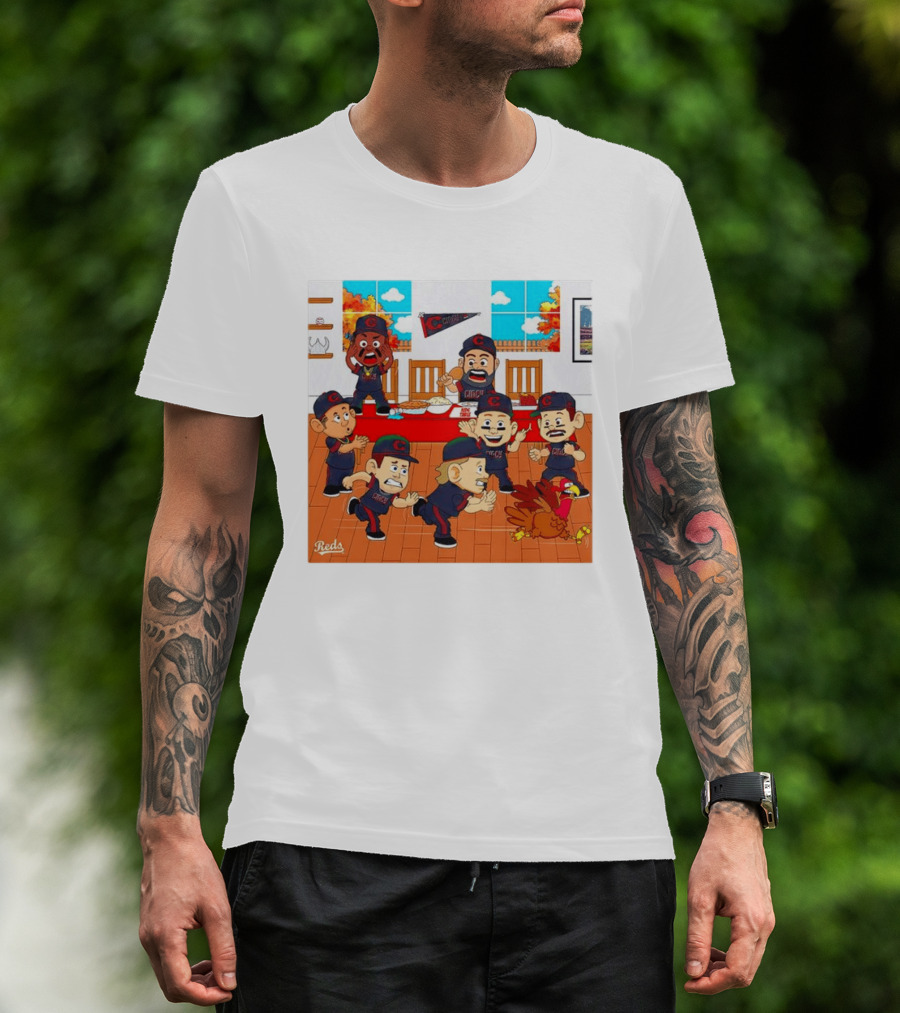 Cincinnati Reds Thanksgiving Chaos Cartoon Scene With Characters And Turkey T-Shirt