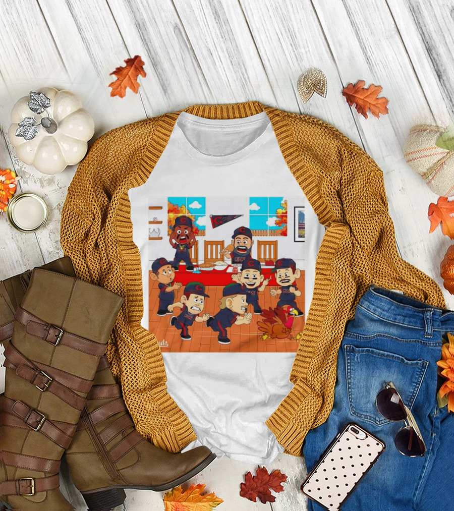 Cincinnati Reds Thanksgiving Chaos Cartoon Scene With Characters And Turkey T-Shirt