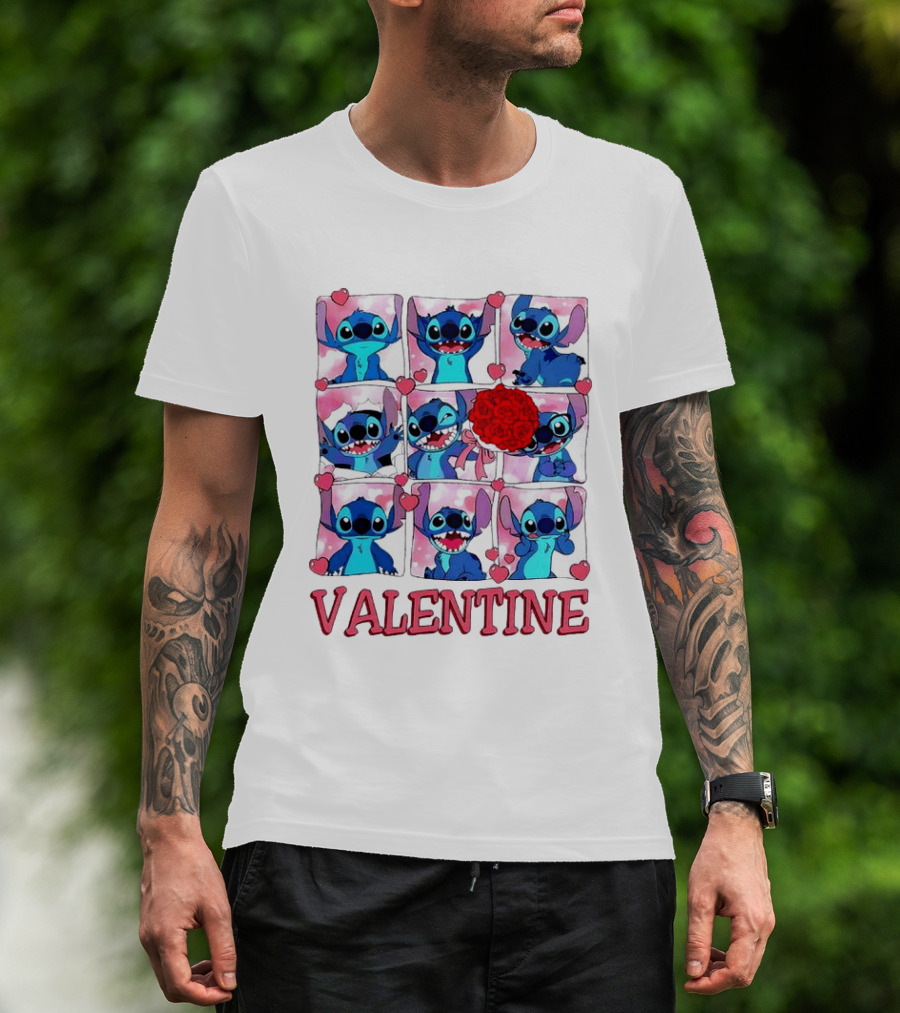 Disney Stitch Rose Flowers Valentine Love Hearts Happy Day T-Shirt
