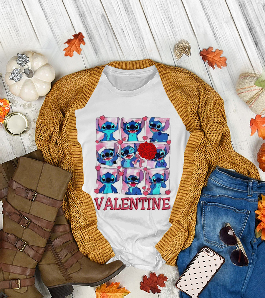 Disney Stitch Rose Flowers Valentine Love Hearts Happy Day T-Shirt