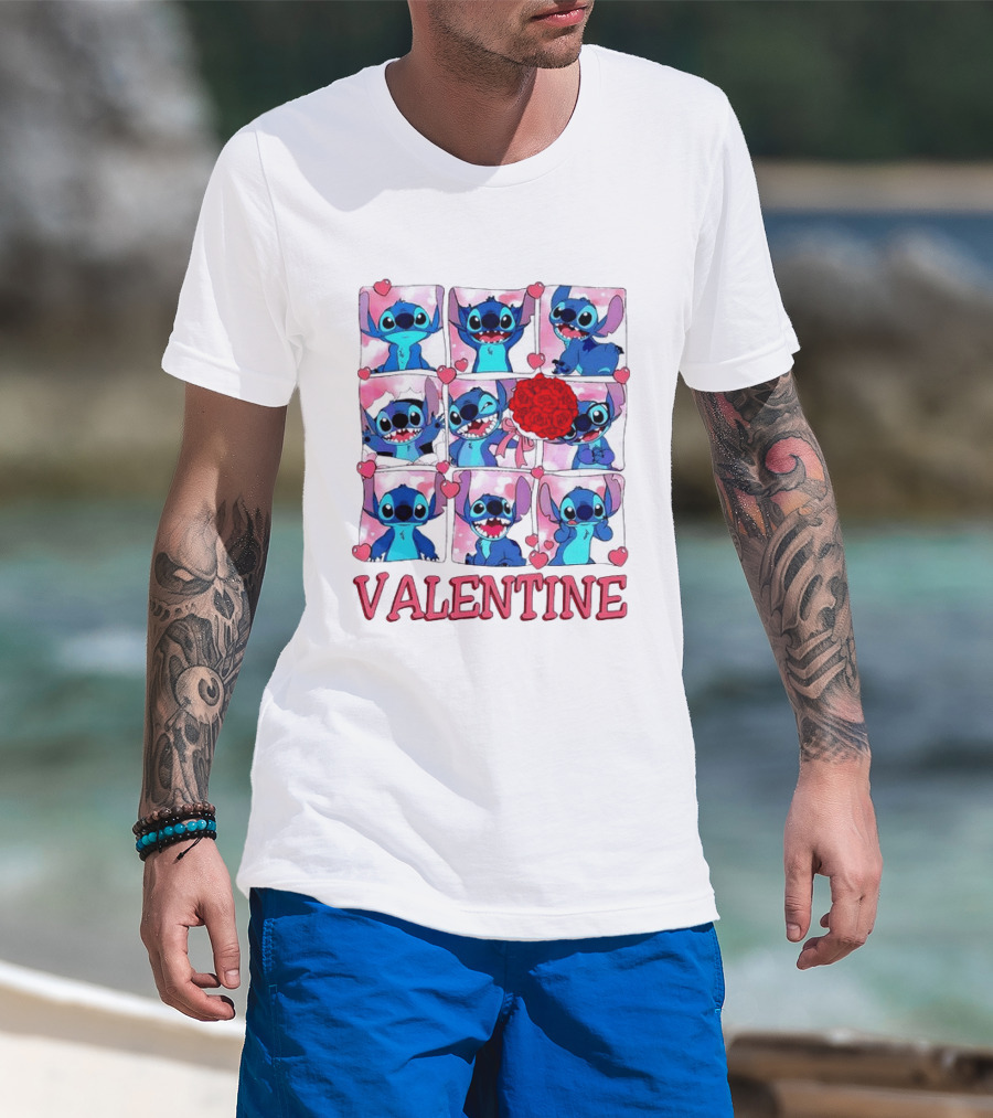 Disney Stitch Rose Flowers Valentine Love Hearts Happy Day T-Shirt