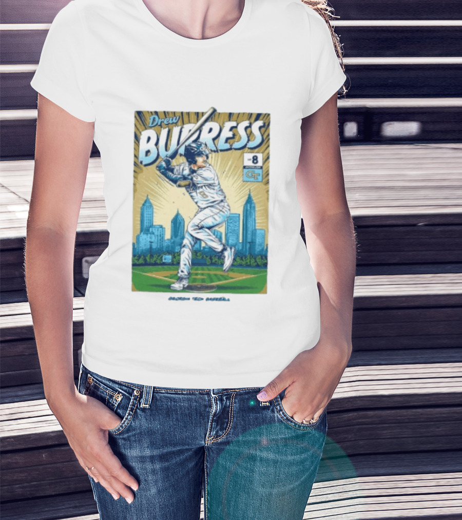 Drew Burress #8 Georgia Tech Baseball Comic Style Retro Cityscape T-Shirt