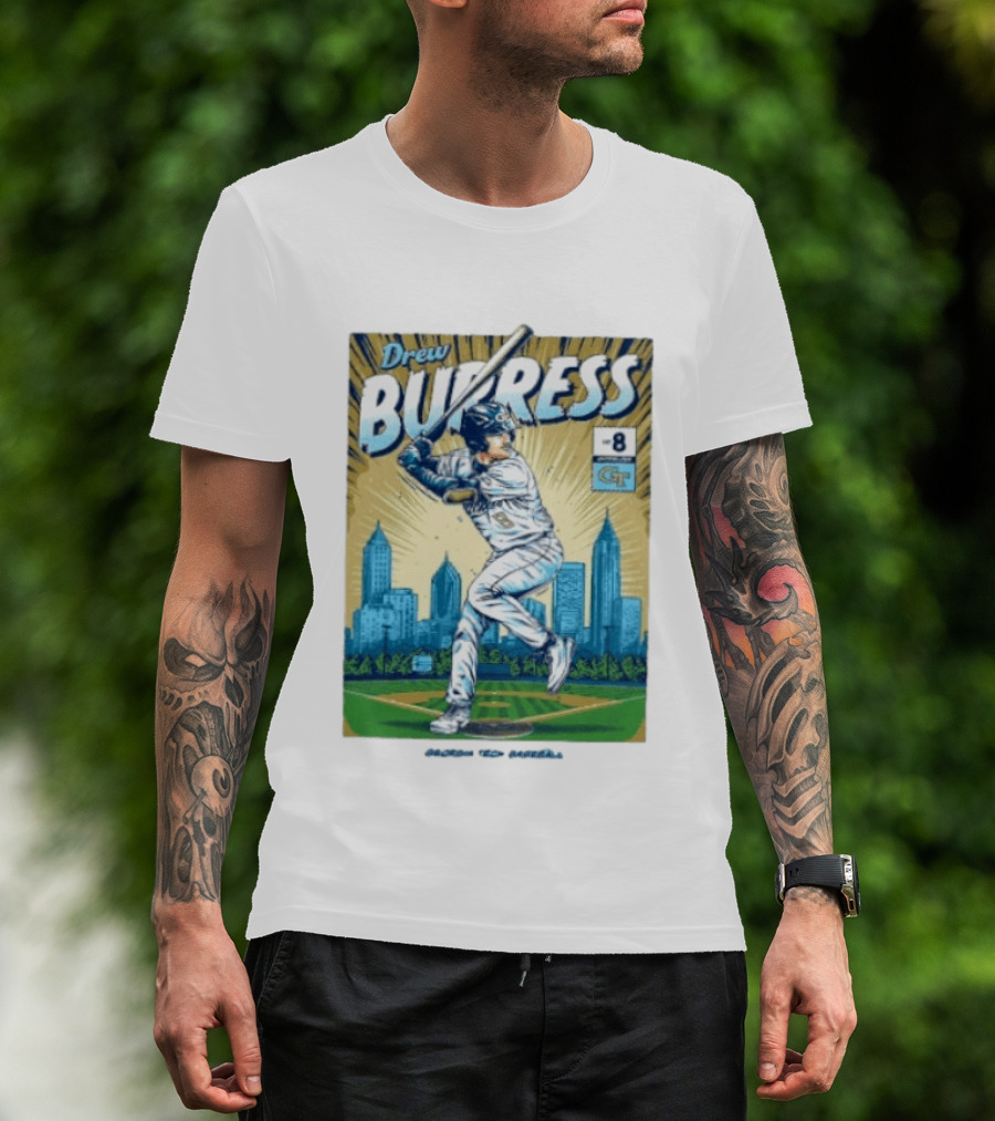 Drew Burress #8 Georgia Tech Baseball Comic Style Retro Cityscape T-Shirt