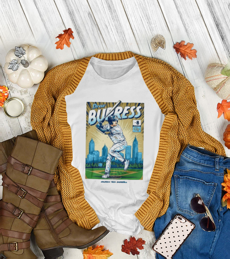 Drew Burress #8 Georgia Tech Baseball Comic Style Retro Cityscape T-Shirt