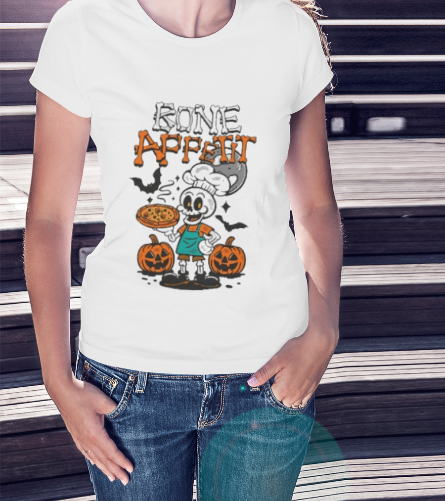 Bone Appetit Skeleton Chef Halloween Pizza Pumpkin Bats T-Shirt
