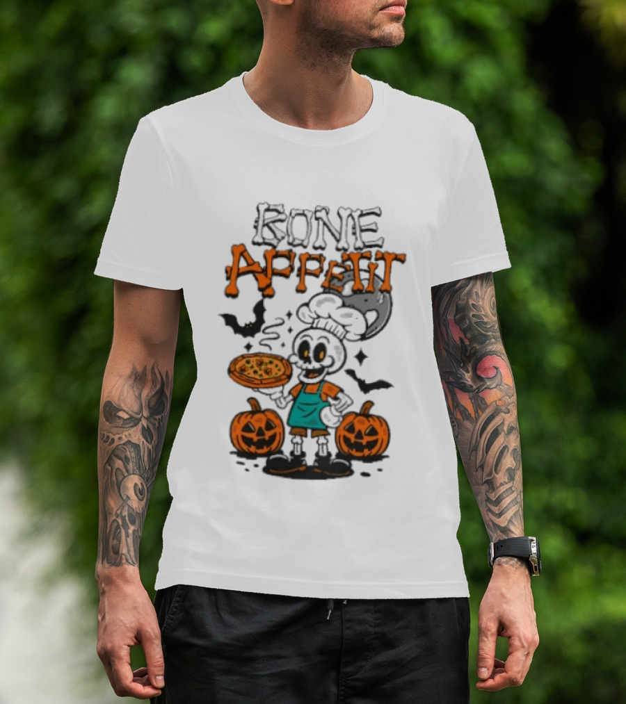 Bone Appetit Skeleton Chef Halloween Pizza Pumpkin Bats T-Shirt