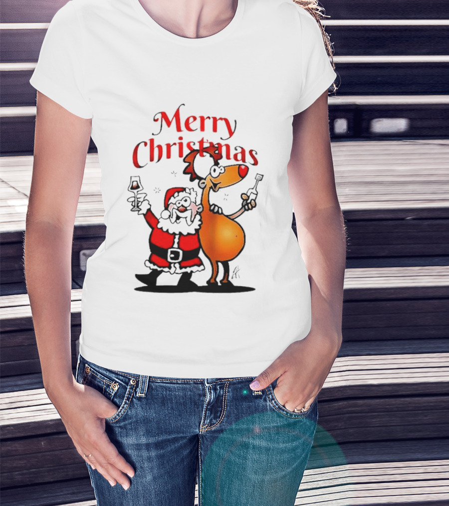 Merry Christmas Santa Claus And Reindeer Toast With Drinks T-Shirt
