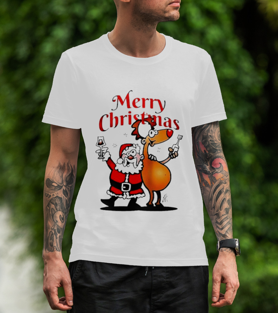 Merry Christmas Santa Claus And Reindeer Toast With Drinks T-Shirt