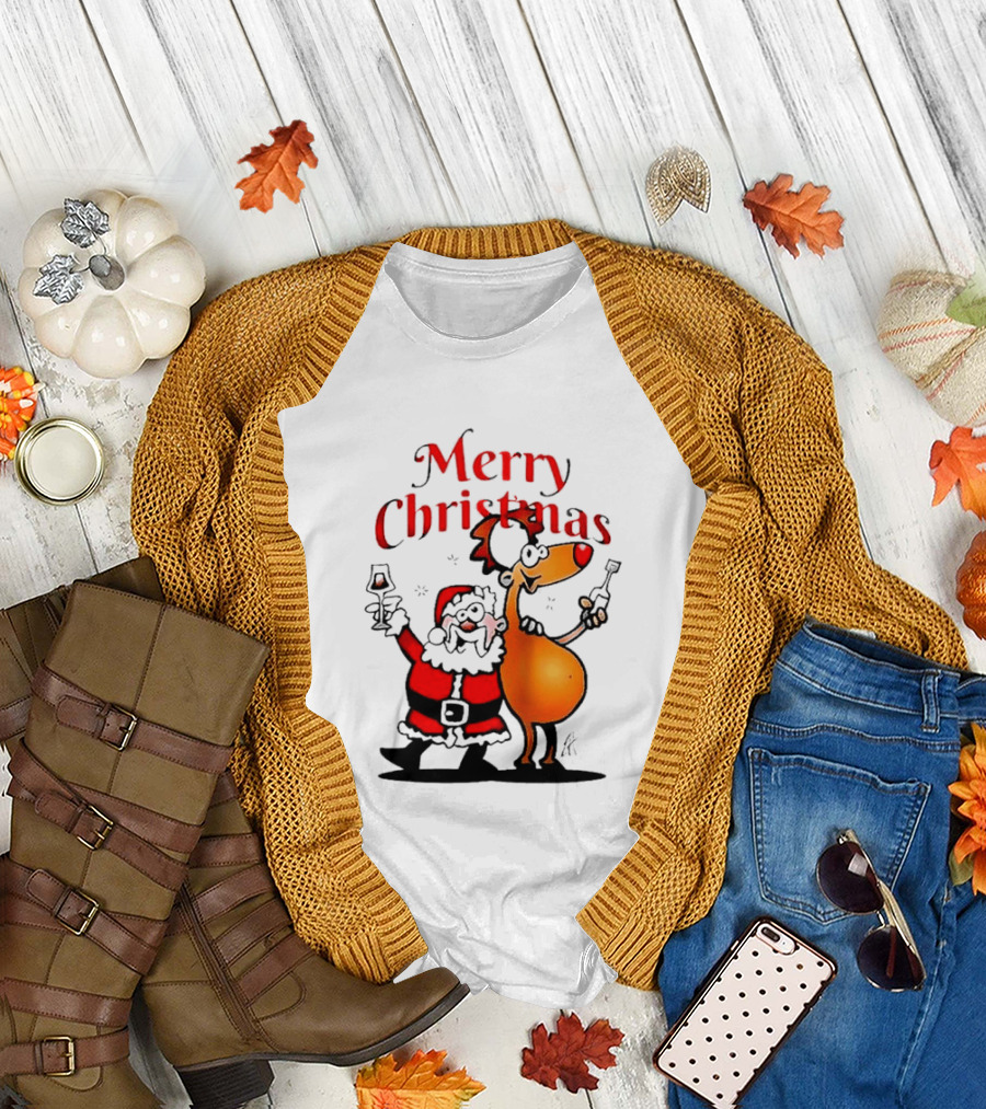 Merry Christmas Santa Claus And Reindeer Toast With Drinks T-Shirt