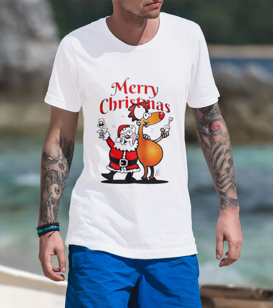 Merry Christmas Santa Claus And Reindeer Toast With Drinks T-Shirt