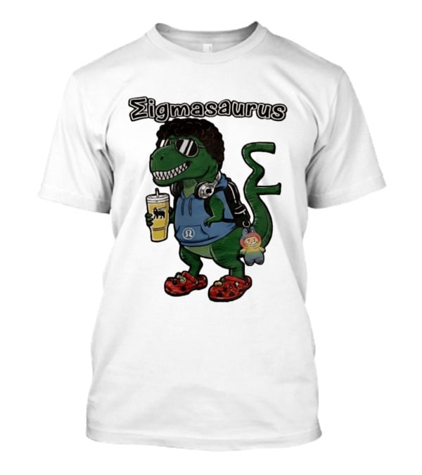 Sigmasaurus Rex Dinosaur Meme With Afro Sunglasses Headphones And Drink T-Shirt