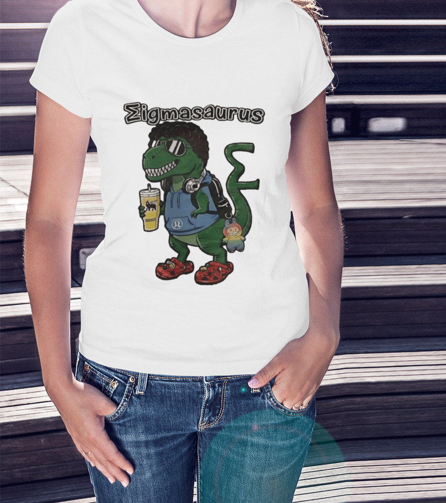 Sigmasaurus Rex Dinosaur Meme With Afro Sunglasses Headphones And Drink T-Shirt