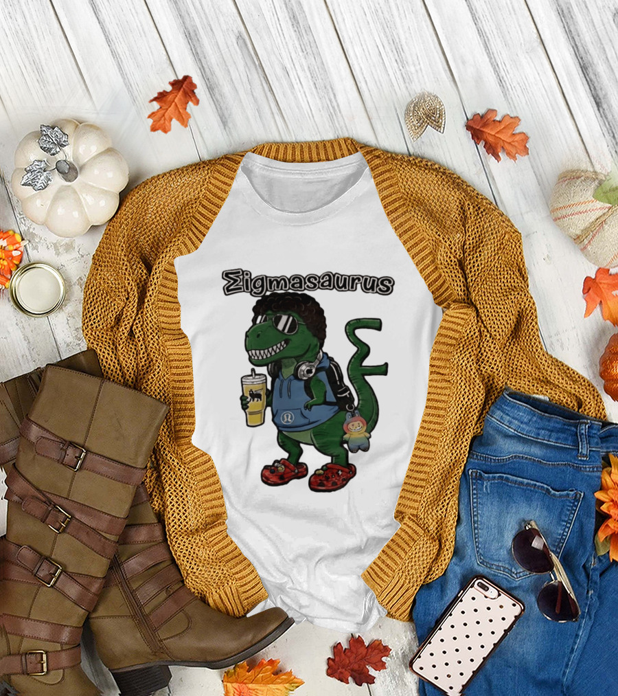 Sigmasaurus Rex Dinosaur Meme With Afro Sunglasses Headphones And Drink T-Shirt