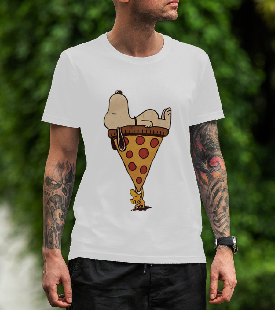 Snoopy Relaxing On Giant Pizza Slice With Woodstock Peanuts Collection T-Shirt