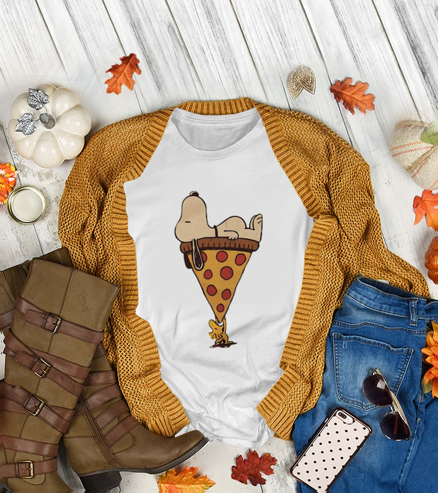 Snoopy Relaxing On Giant Pizza Slice With Woodstock Peanuts Collection T-Shirt