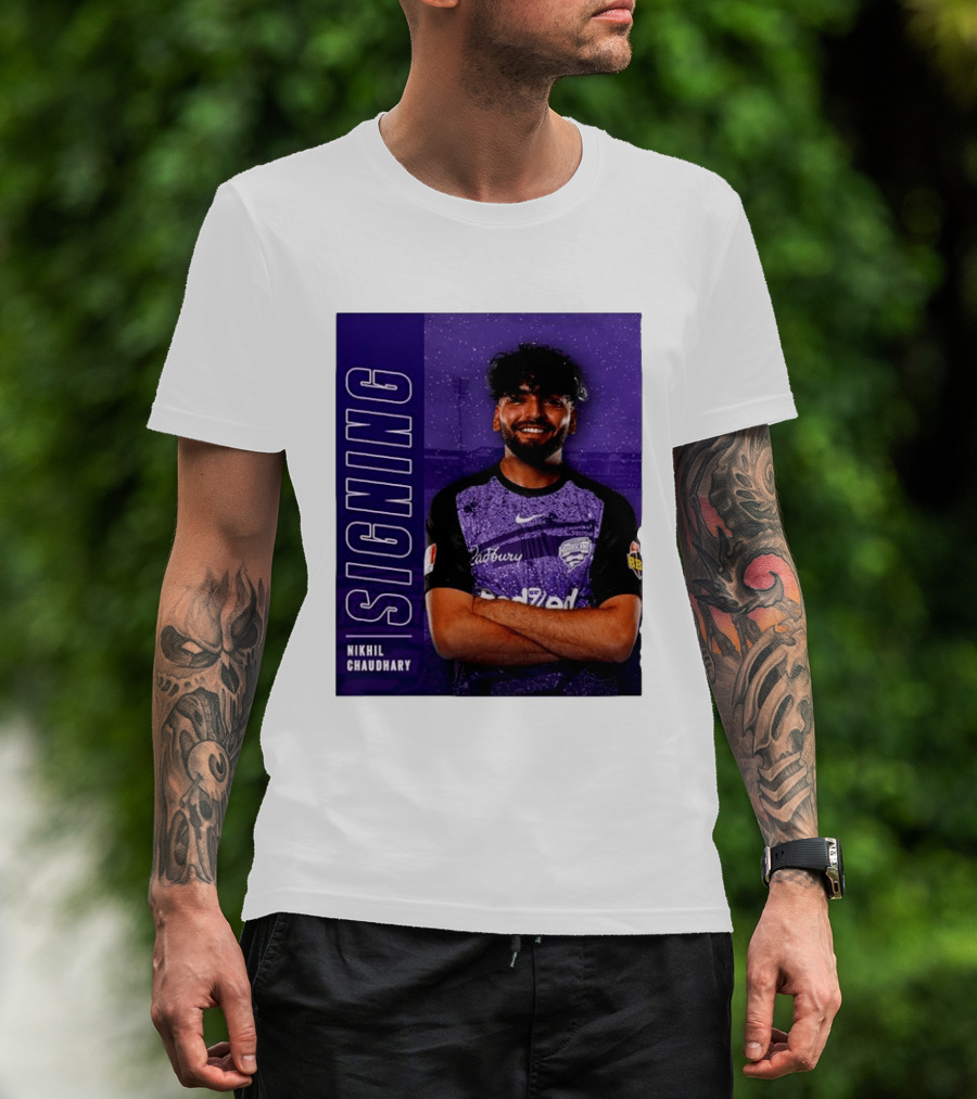 Nikhil Chaudhary Signing Hobart Hurricanes Cadbury BBL T-Shirt