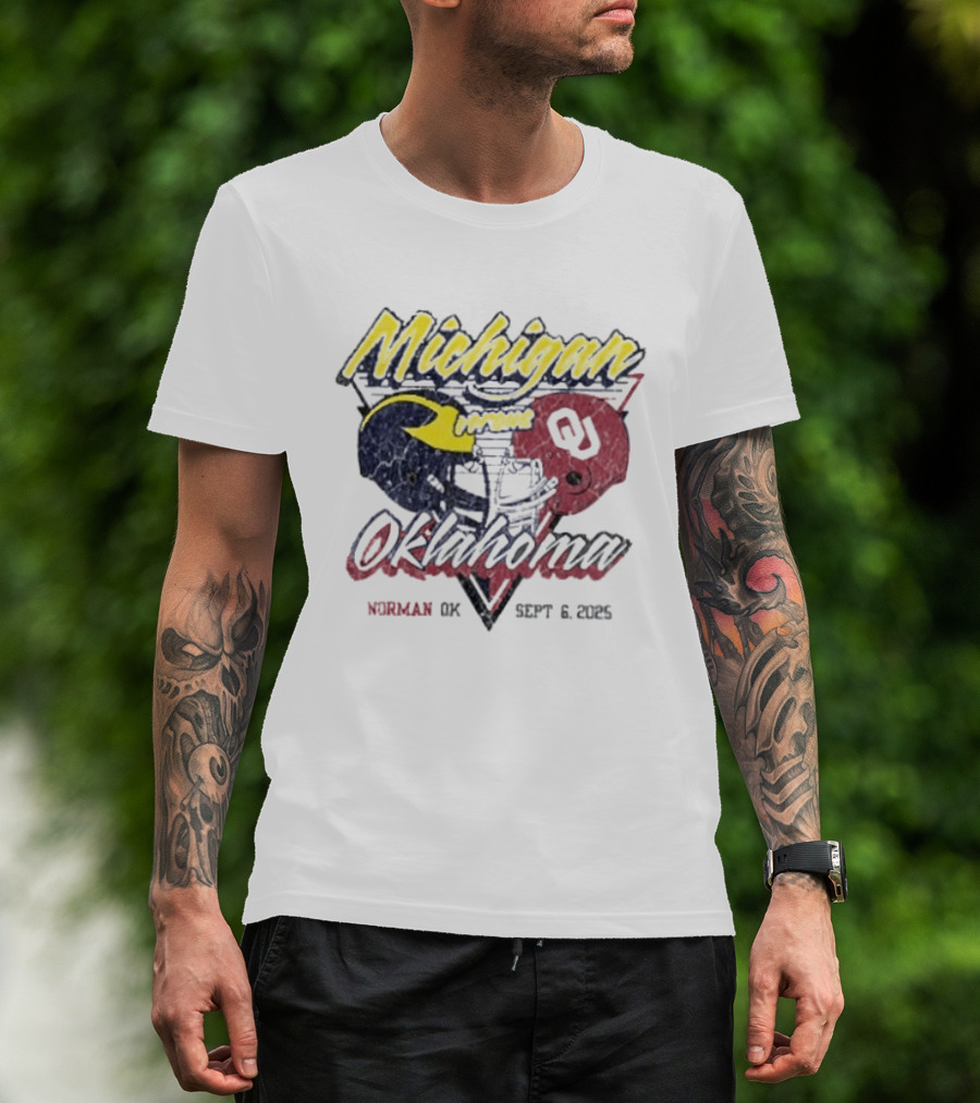 Oklahoma Sooners Vs Michigan Wolverines Football Helmet Norman OK September 6 2025 T-Shirt