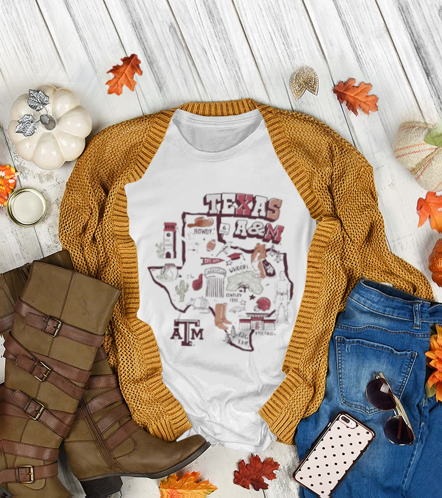 Texas A&M Aggies Map With Iconic Symbols And Landmarks T-Shirt
