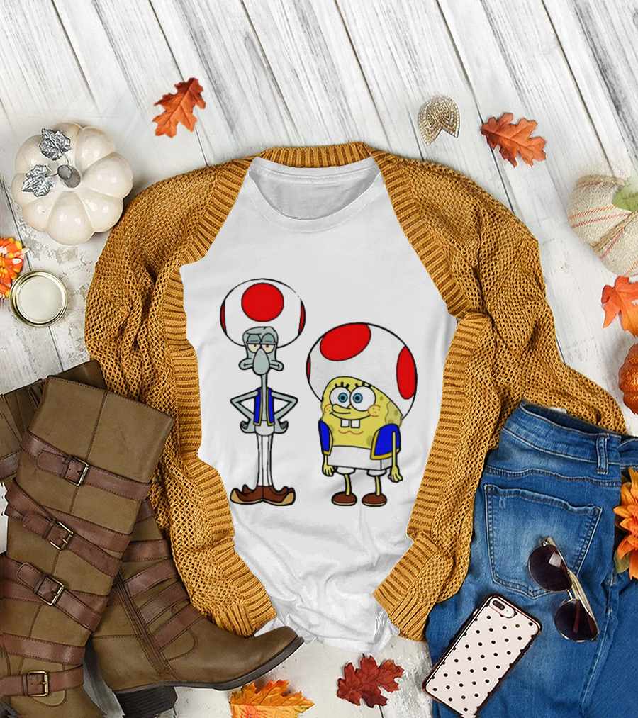 Toad Squidward Spongebob Crossover Super Mario Game Characters T-Shirt