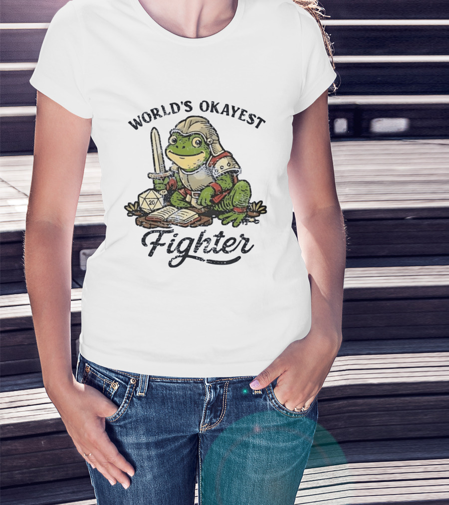 World's Okayest Fighter Frog In Armor With D20 Dice And Sword T-Shirt