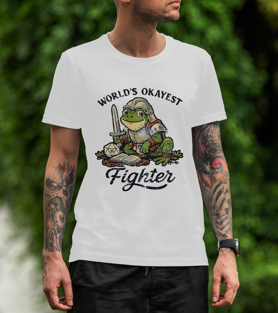 World's Okayest Fighter Frog In Armor With D20 Dice And Sword T-Shirt