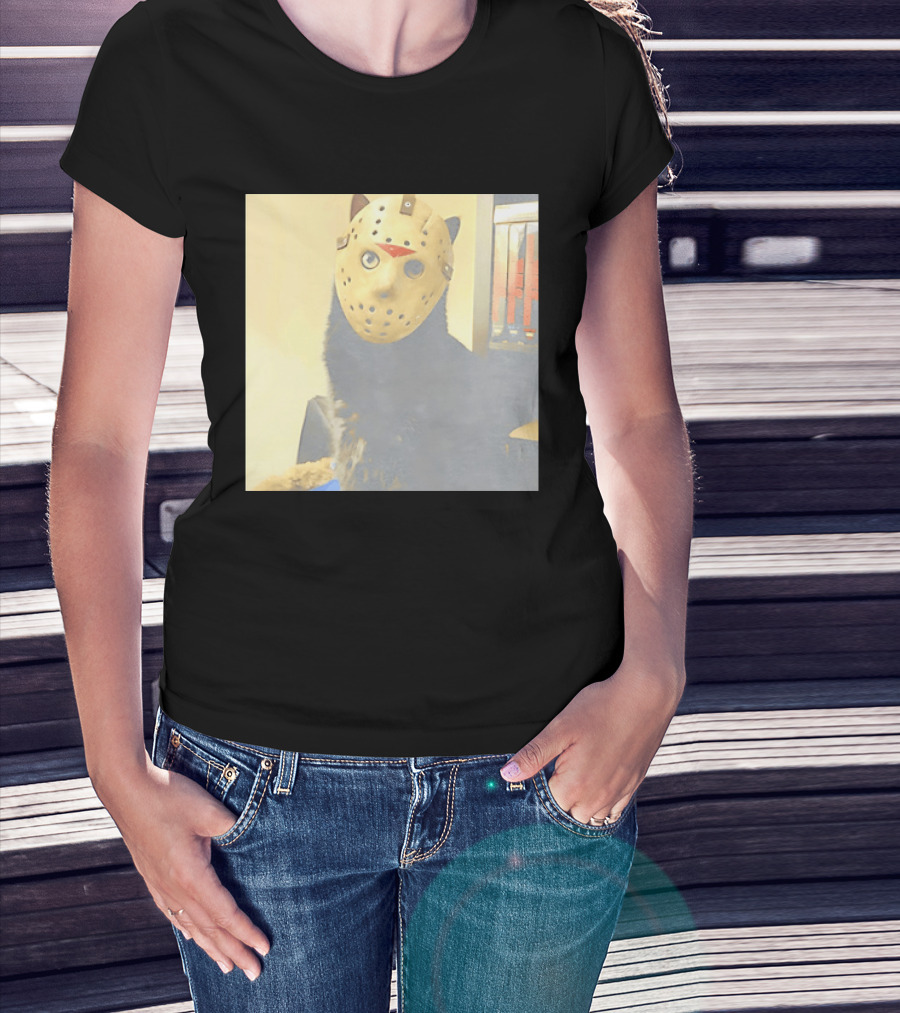 Black Cat In Horror Movie Jason Voorhees Mask T-Shirt