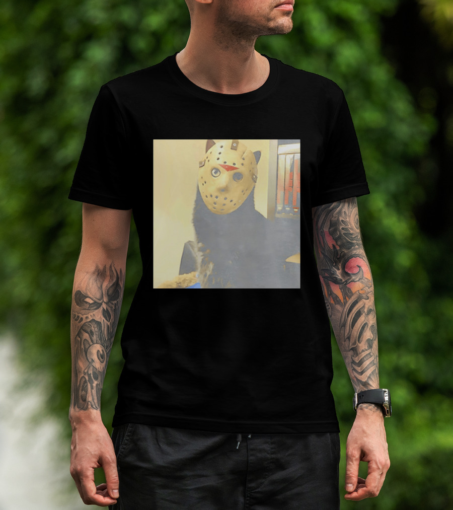 Black Cat In Horror Movie Jason Voorhees Mask T-Shirt