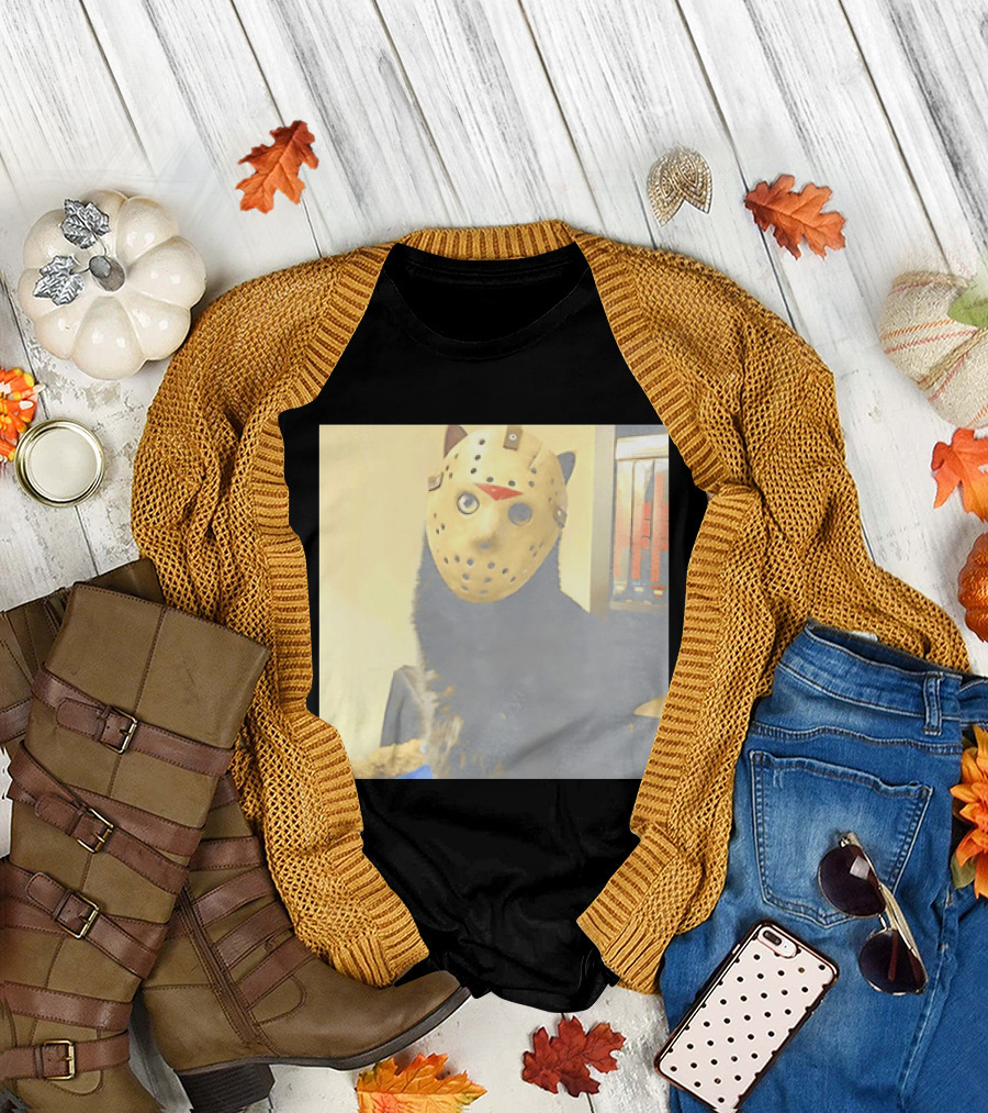 Black Cat In Horror Movie Jason Voorhees Mask T-Shirt