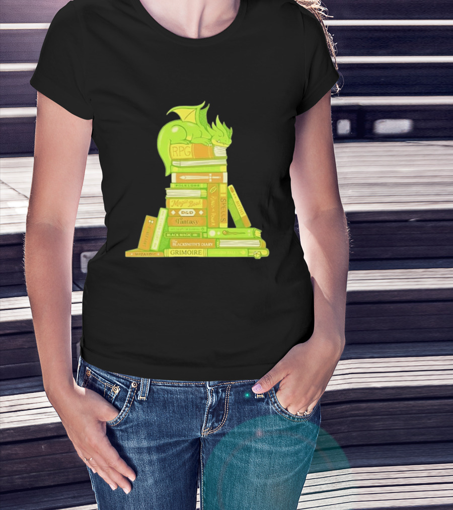Sleeping Dragon On RPG Fantasy Magic Book Stack Grimoire Wizardry Tales T-Shirt