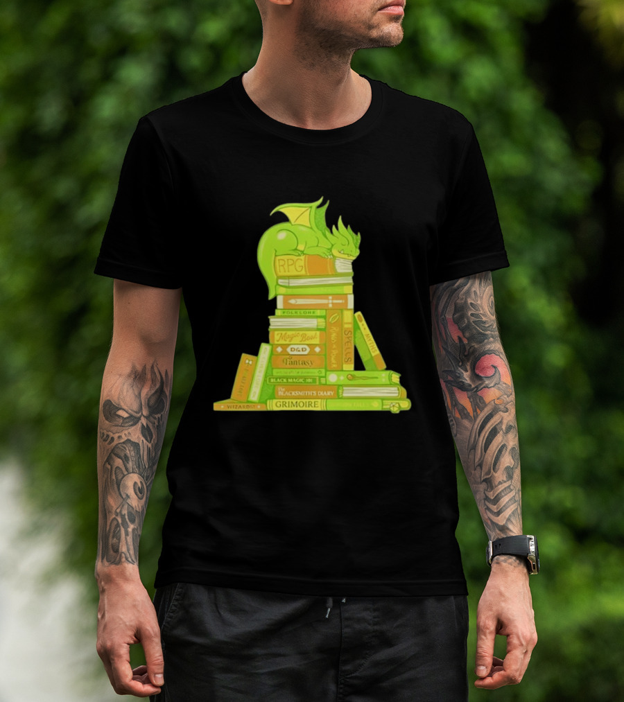 Sleeping Dragon On RPG Fantasy Magic Book Stack Grimoire Wizardry Tales T-Shirt