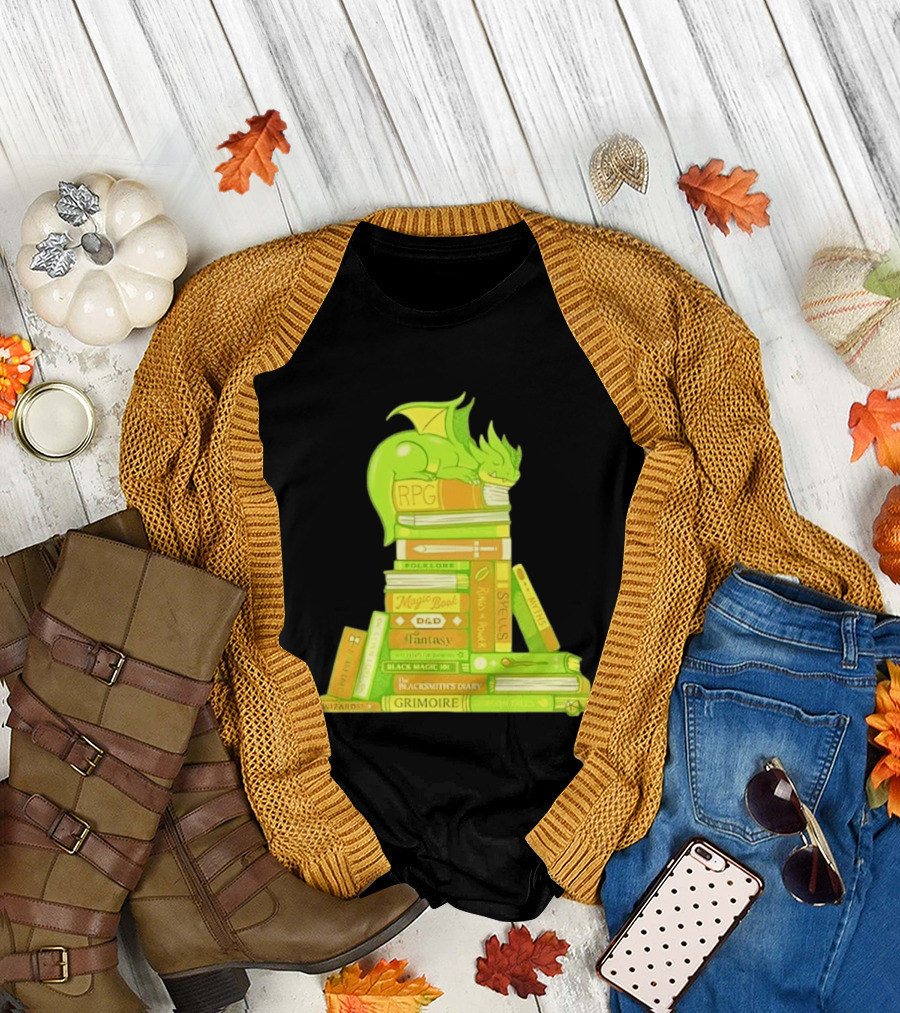 Sleeping Dragon On RPG Fantasy Magic Book Stack Grimoire Wizardry Tales T-Shirt