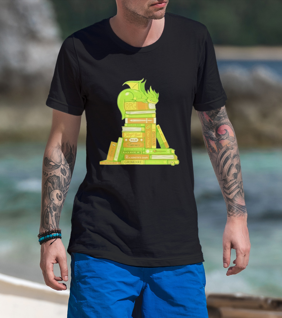 Sleeping Dragon On RPG Fantasy Magic Book Stack Grimoire Wizardry Tales T-Shirt