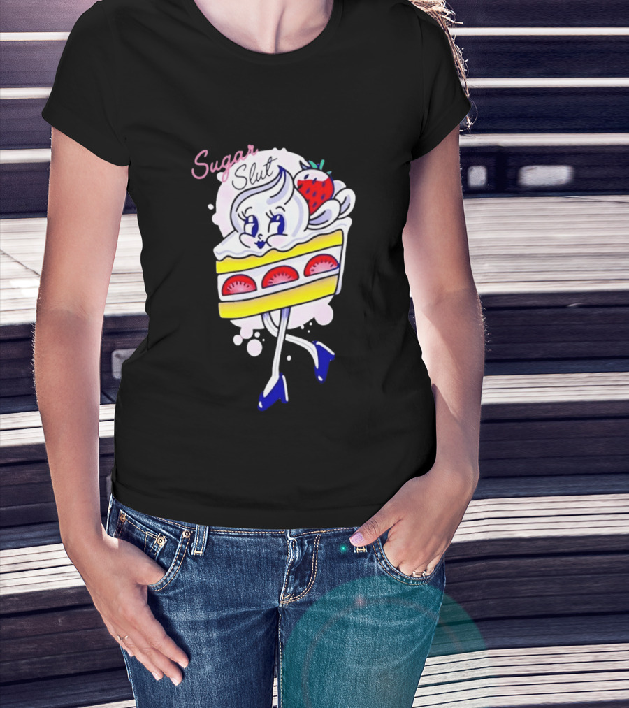 Sugar Slut Strawberry Cake Cartoon Slice With Whipped Cream And Berries T-Shirt