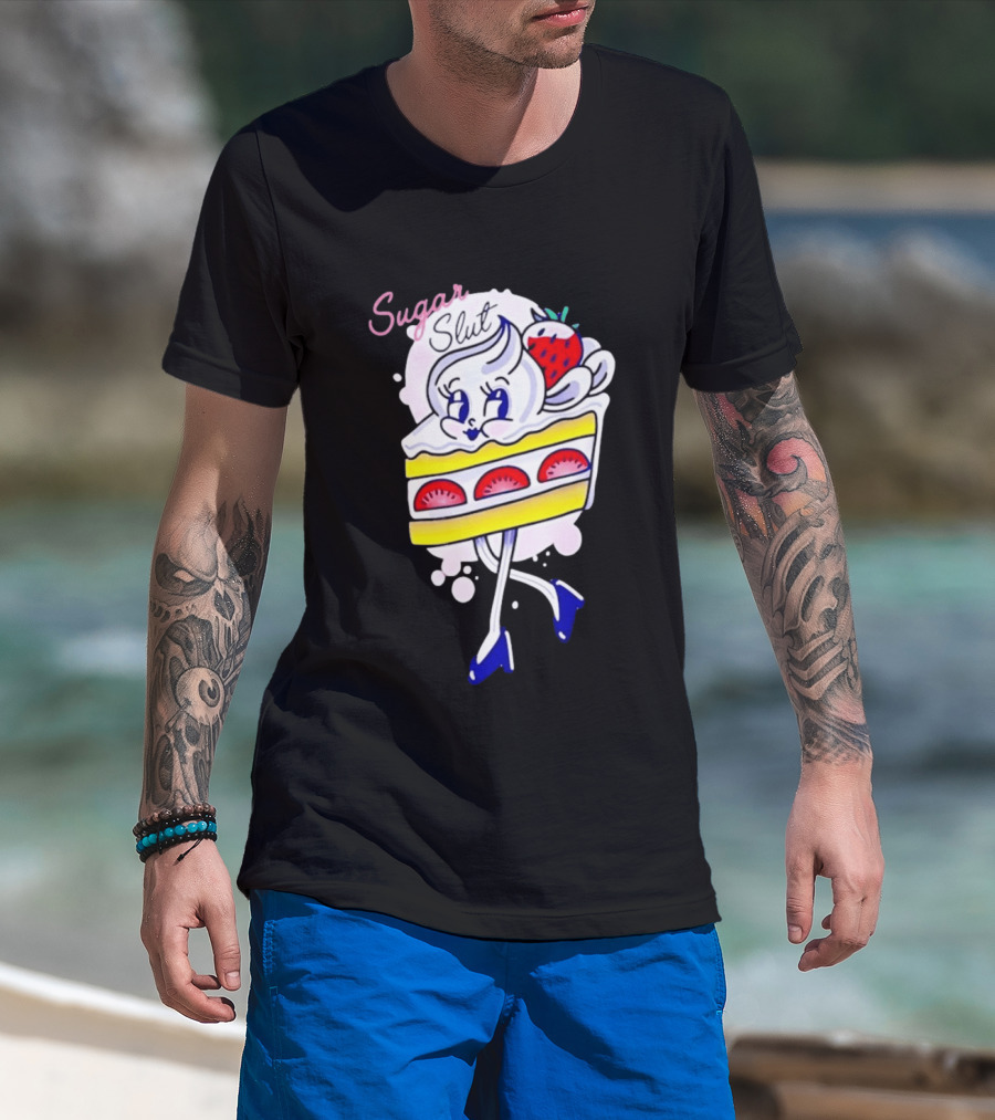 Sugar Slut Strawberry Cake Cartoon Slice With Whipped Cream And Berries T-Shirt