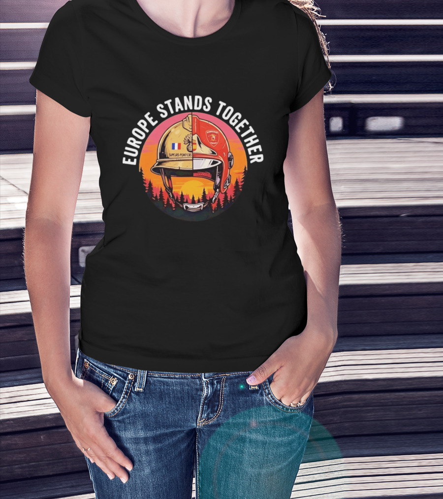 Europe Stands Together Sapeurs Pompiers Bomberos Espana Firefighter Helmet Forest Sunset T-Shirt