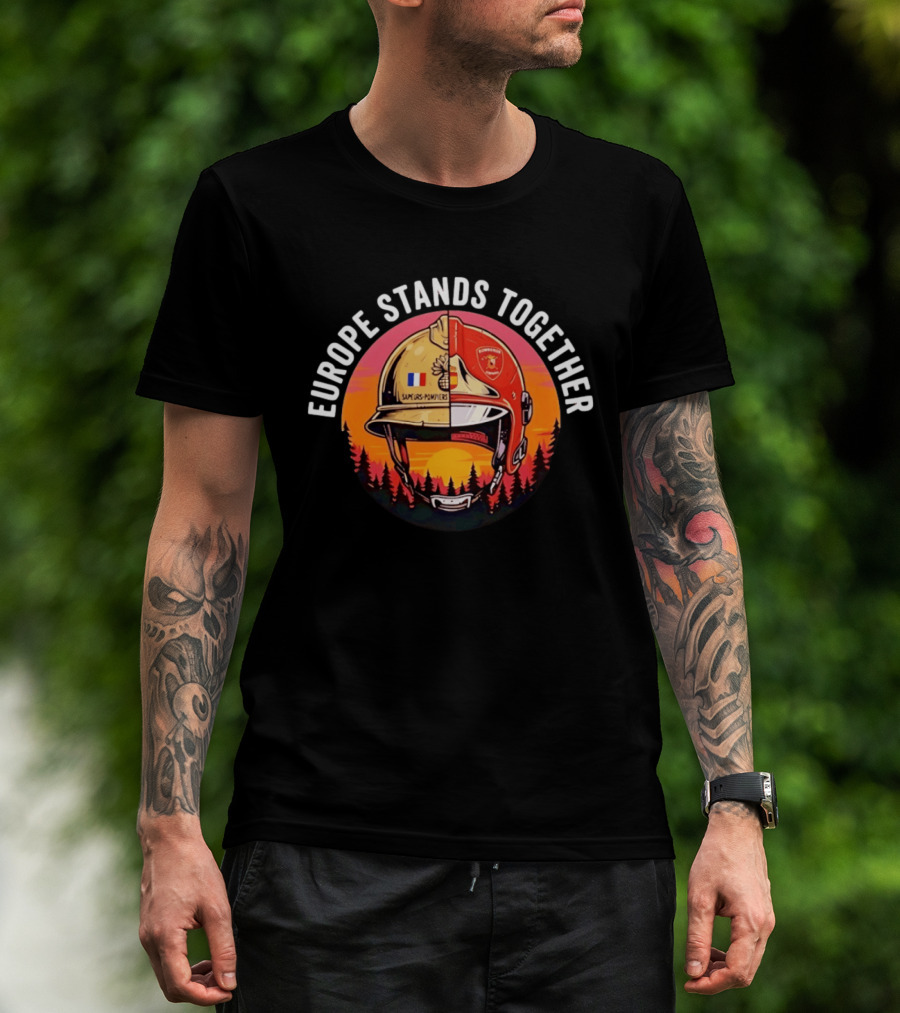 Europe Stands Together Sapeurs Pompiers Bomberos Espana Firefighter Helmet Forest Sunset T-Shirt
