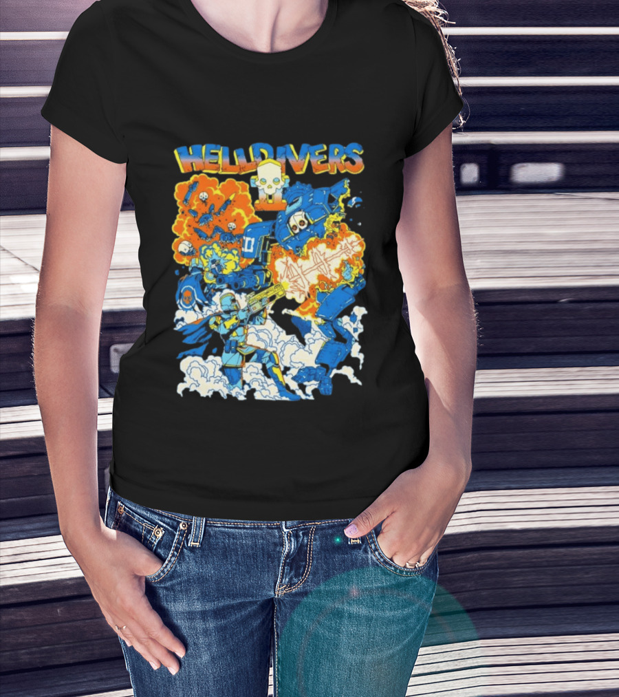 Helldivers Super Earth Soldier Combat Action Explosive Battle Scene T-Shirt