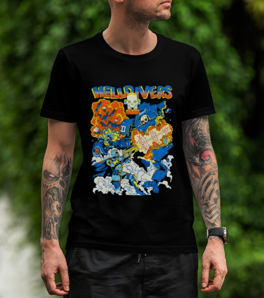 Helldivers Super Earth Soldier Combat Action Explosive Battle Scene T-Shirt