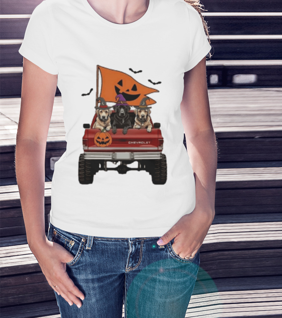 Chevrolet Halloween Dogs In Truck With Pumpkin And Bats T-Shirt
