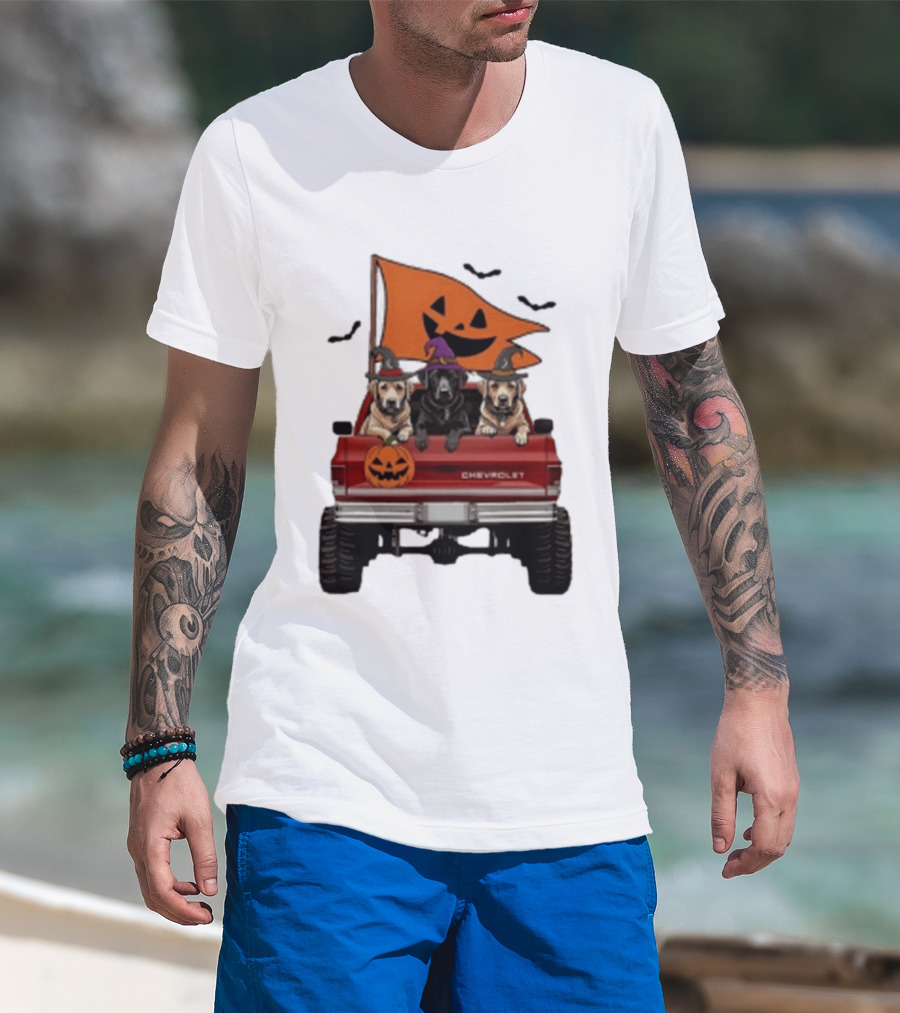 Chevrolet Halloween Dogs In Truck With Pumpkin And Bats T-Shirt