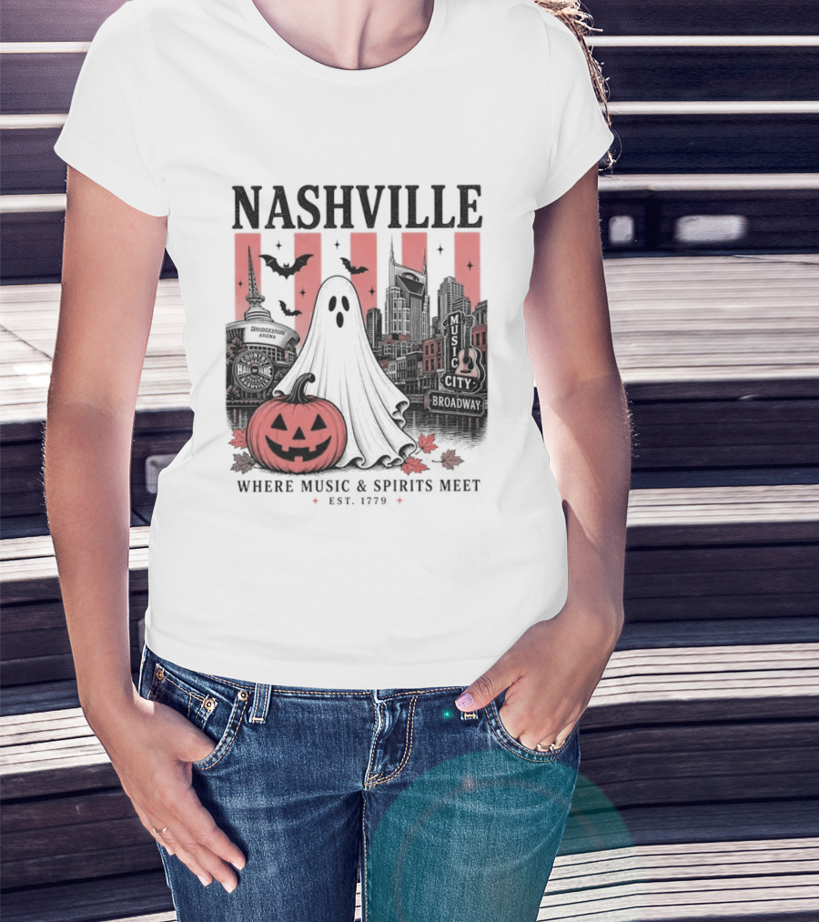 Nashville Halloween Ghost Music Spirits Skyline Pumpkin Bats T-Shirt