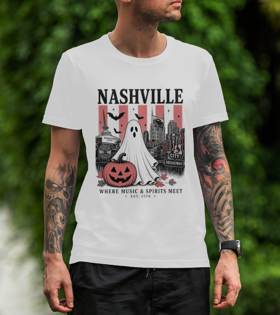 Nashville Halloween Ghost Music Spirits Skyline Pumpkin Bats T-Shirt