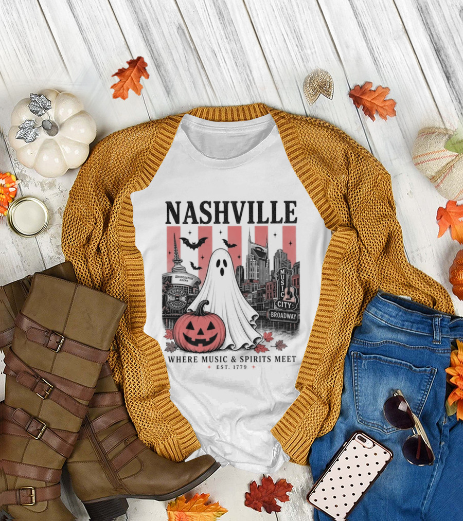 Nashville Halloween Ghost Music Spirits Skyline Pumpkin Bats T-Shirt