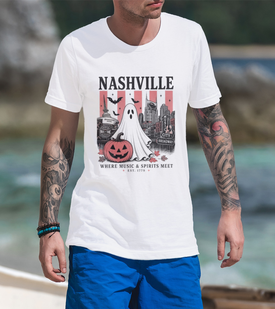 Nashville Halloween Ghost Music Spirits Skyline Pumpkin Bats T-Shirt