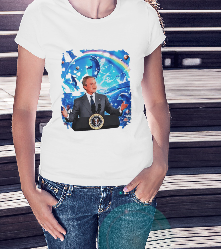 George W Bush Dolphins Coexist Peacefully With Rainbow And Ocean Scene T-Shirt
