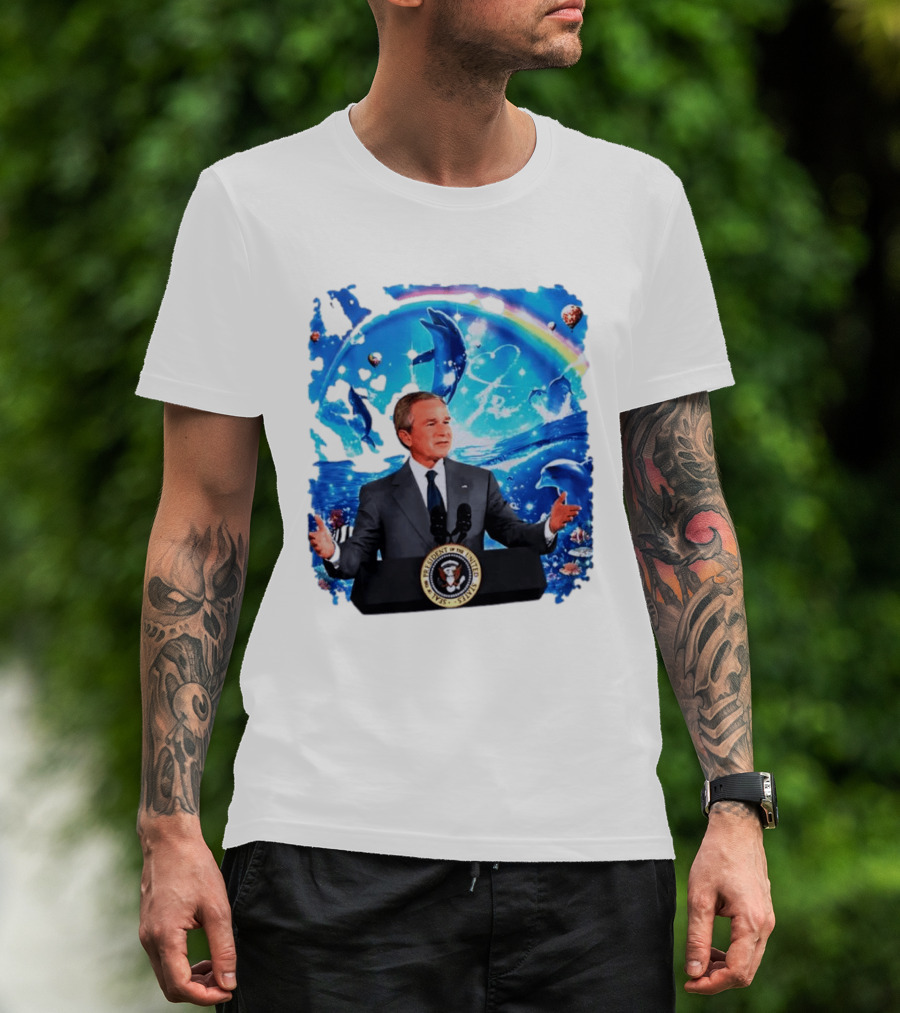 George W Bush Dolphins Coexist Peacefully With Rainbow And Ocean Scene T-Shirt