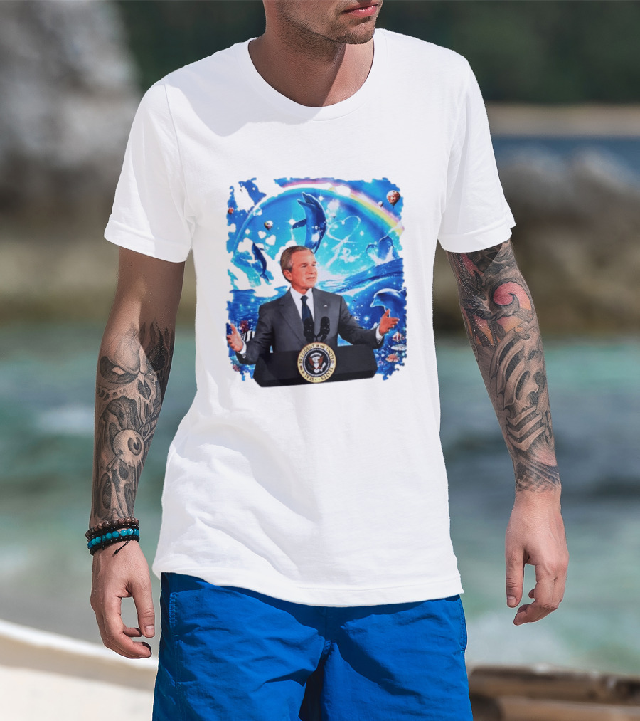 George W Bush Dolphins Coexist Peacefully With Rainbow And Ocean Scene T-Shirt