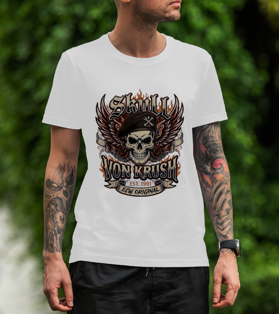 Skull Von Krush SVK Est 1991 ECW Original Flame Wings Roses T-Shirt